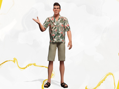 Stylized realism male celebration in Hawaiian shirt with energy Modello 3D