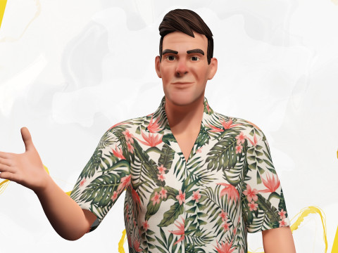 Stylized realism male celebration in Hawaiian shirt with energy Modello 3D