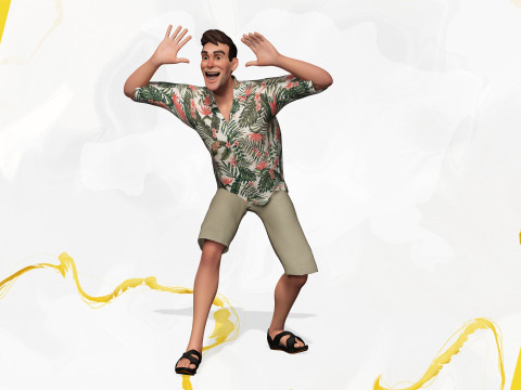 Stylized realism male celebration in Hawaiian shirt with energy Modello 3D
