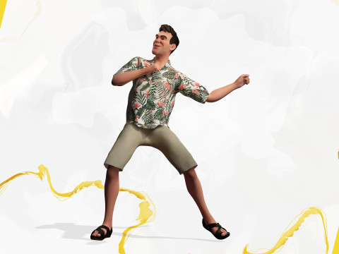 Stylized realism male celebration in Hawaiian shirt with energy Modello 3D