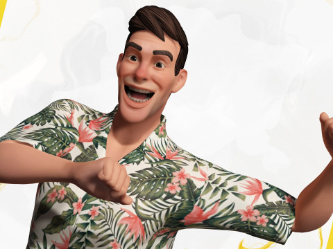 Stylized realism male celebration in Hawaiian shirt with energy Modello 3D