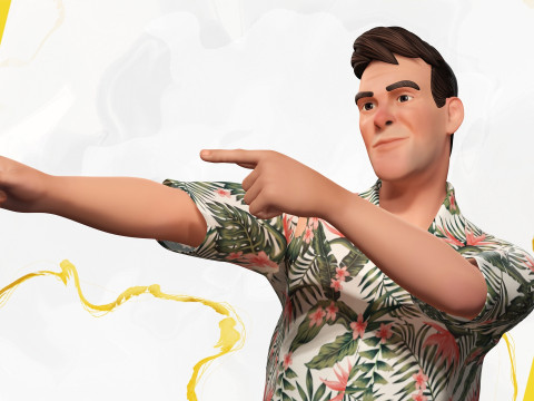 Stylized realism male celebration in Hawaiian shirt with energy Modello 3D