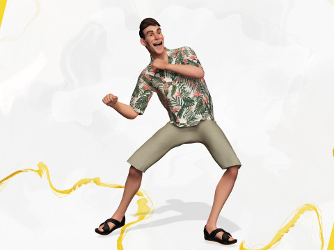 Stylized realism male celebration in Hawaiian shirt with energy Modello 3D
