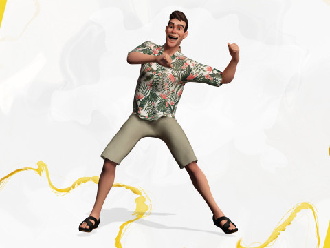 Stylized realism male celebration in Hawaiian shirt with energy Modello 3D