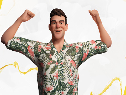 Stylized realism male celebration in Hawaiian shirt with energy Modello 3D