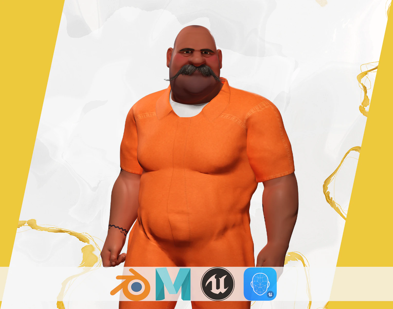 Cartoon man with mustache in prison jumpsuit 3D Model .c4d .max .obj .3ds .fbx .stl .blend 