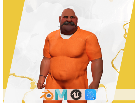 Cartoon man with mustache in prison jumpsuit 3D Model
