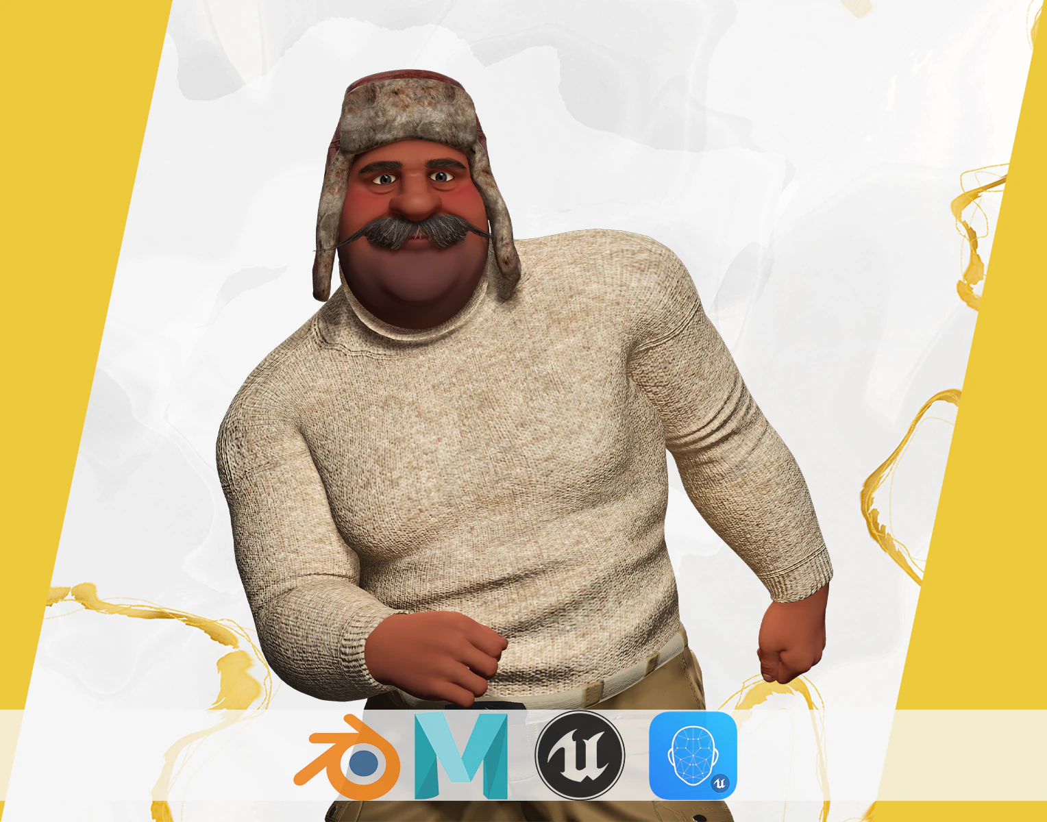 Cartoon Man with Moustache and Winter Hat Toon Winter 3D Model .c4d .max .obj .3ds .fbx .stl .blend 
