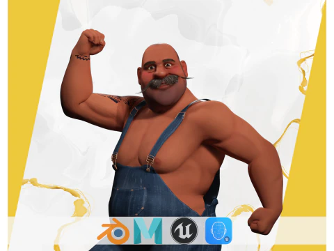 Fazendeiro musculoso de desenho animado com tatuagem e bigode Modelo 3D