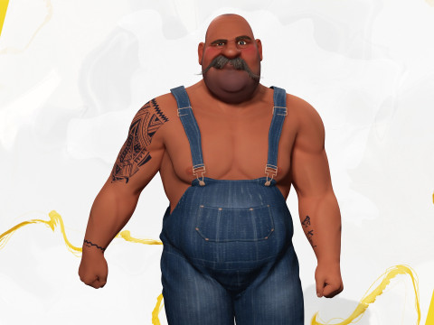 Cartoon Muscular Farmer with Tattoo and Moustache Modèle 3D