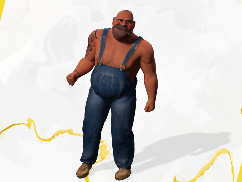 Cartoon Muscular Farmer with Tattoo and Moustache Modèle 3D