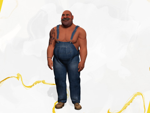 Cartoon Muscular Farmer with Tattoo and Moustache Modèle 3D