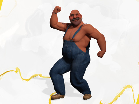 Cartoon Muscular Farmer with Tattoo and Moustache Modèle 3D