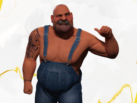 Cartoon Muscular Farmer with Tattoo and Moustache Modèle 3D