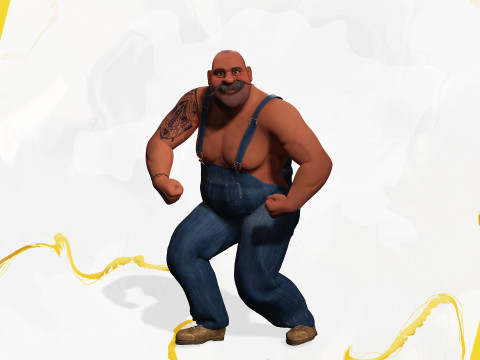 Cartoon Muscular Farmer with Tattoo and Moustache Modèle 3D