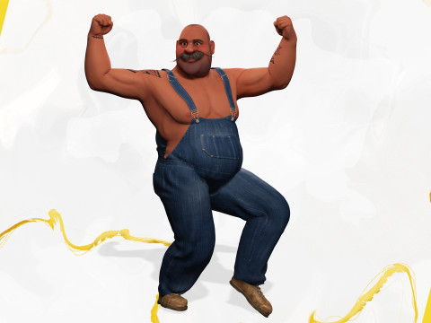 Cartoon Muscular Farmer with Tattoo and Moustache Modèle 3D