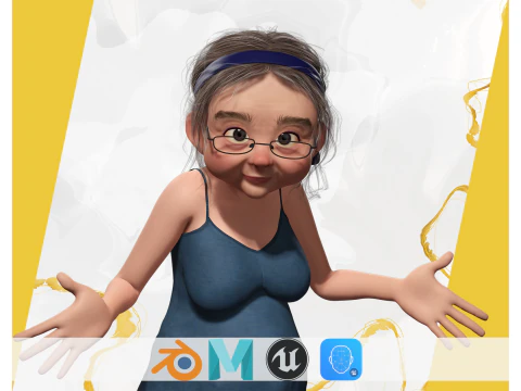 Anciana de dibujos animados con ropa informal y gafas Modelo 3D