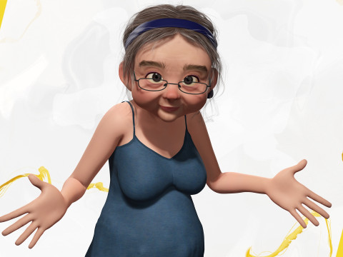 Cartoon old woman with casual clothes and glasses 3D 모델