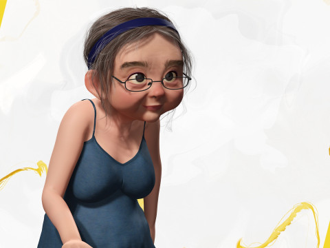 Cartoon old woman with casual clothes and glasses 3D 모델