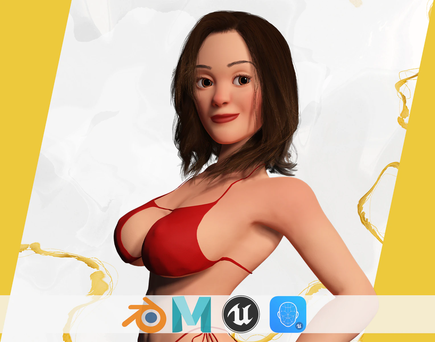 Stylized Cartoon Woman in Swimsuit 3D Model .c4d .max .obj .3ds .fbx .stl .blend 