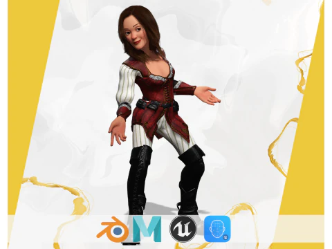 海賊様式化された女性ヒーロー ファンタジー衣装を着た中世の戦士 3Dモデル