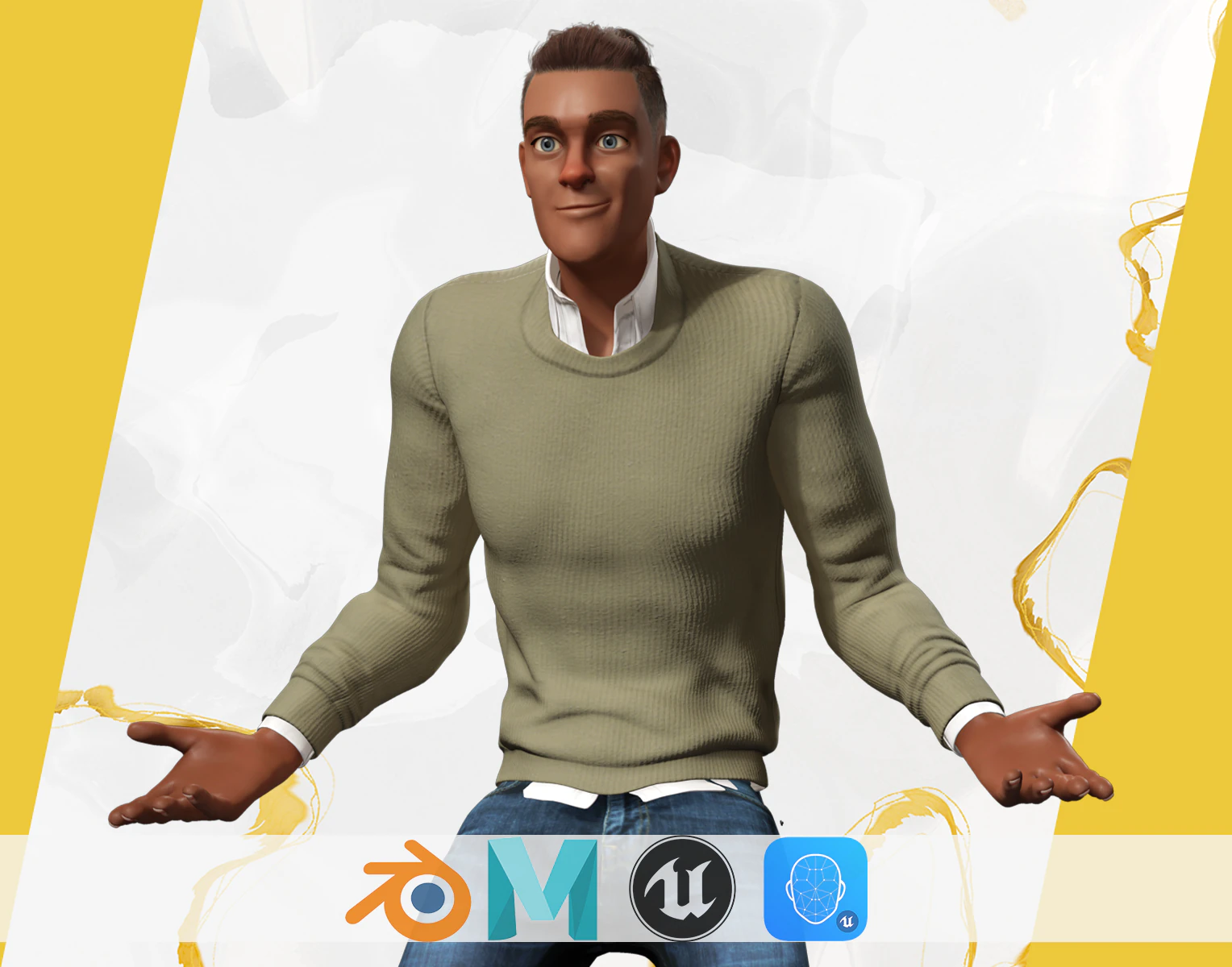 Cartoon Casual Man in Jeans and Sweater HQ 3D Model .c4d .max .obj .3ds .fbx .stl .blend 