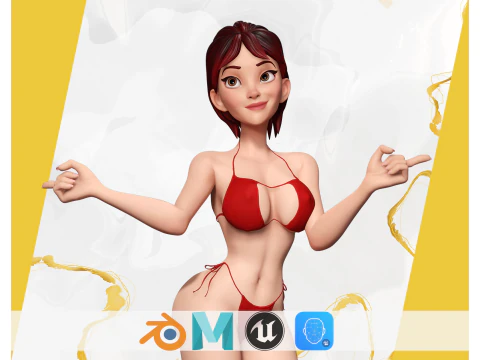 赤いビキニの漫画の女性のガールフレンド 3Dモデル