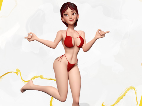 Cartoon Woman in Red Bikini girlfriend 3D Model
