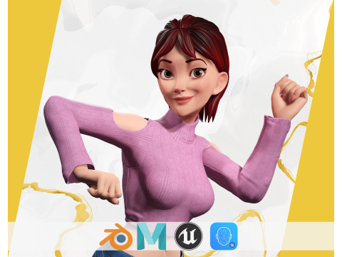 Cartoon Young Woman in Casual girlfriend 3D Модель