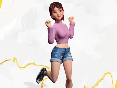 Cartoon Young Woman in Casual girlfriend Modello 3D
