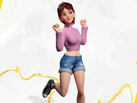 Cartoon Young Woman in Casual girlfriend 3D Model