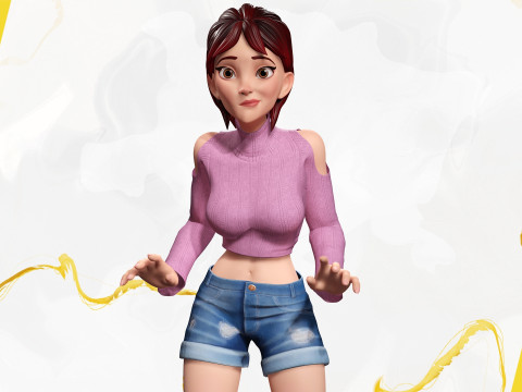 Cartoon Young Woman in Casual girlfriend Modello 3D