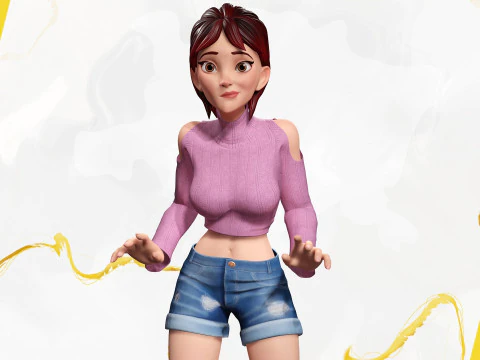 Cartoon Young Woman in Casual girlfriend 3D Model