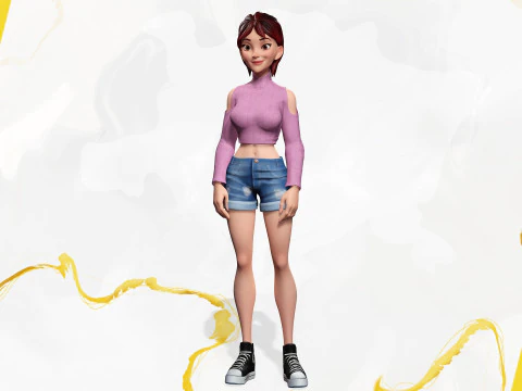 Cartoon Young Woman in Casual girlfriend 3D Model