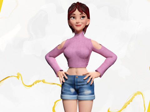 Cartoon Young Woman in Casual girlfriend Modello 3D