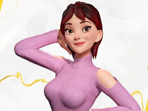 Cartoon Young Woman in Casual girlfriend 3D Model