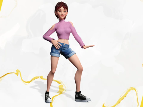 Cartoon Young Woman in Casual girlfriend 3D Model