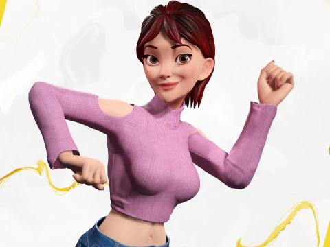 Cartoon Young Woman in Casual girlfriend 3D Model