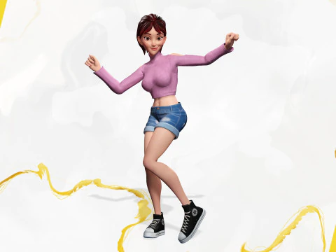 Cartoon Young Woman in Casual girlfriend 3D Model