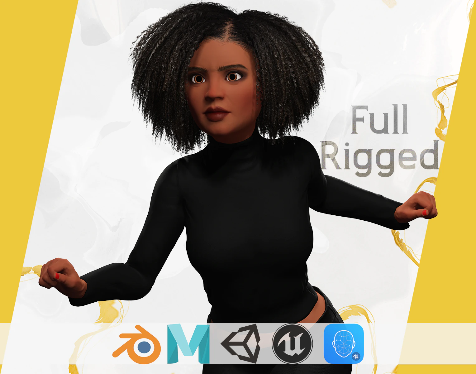 Classic Afro - Cartoon Black African Woman 3D Model .c4d .max .obj .3ds .fbx .stl .blend 