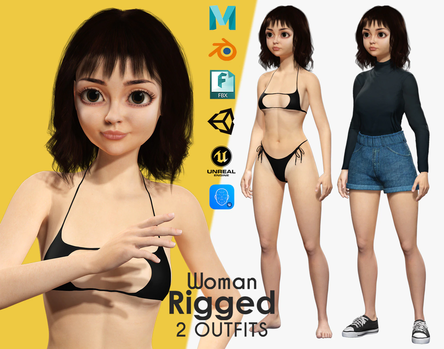 Realistic stylized cartoon Female 3D Model .c4d .max .obj .3ds .fbx .stl .blend