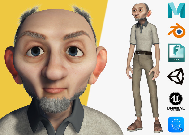 Old Man cartoon character RealTime Male 3D 模型 .c4d .max .obj .3ds .fbx .stl .blend