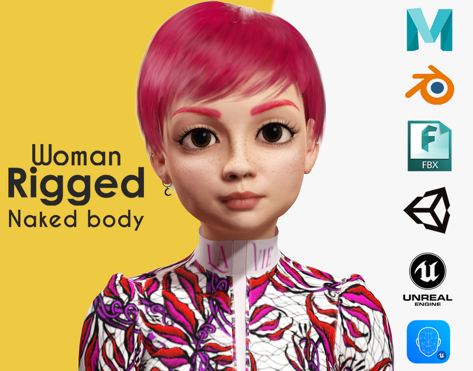 Red Realistic stylized cartoon Female 3D Model .c4d .max .obj .3ds .fbx .stl .blend 