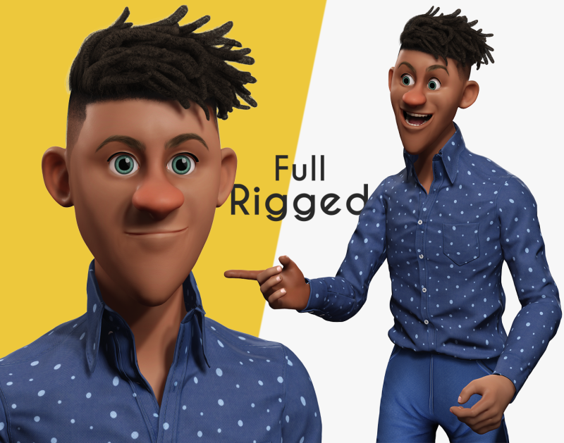 Cartoon Black Man Teen young Rigged Model 3D .c4d .max .obj .3ds .fbx .stl .blend