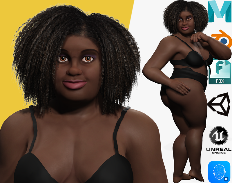 Plus sized Cartoon African Female Low-poly 3D मॉडल .c4d .max .obj .3ds .fbx .stl .blend