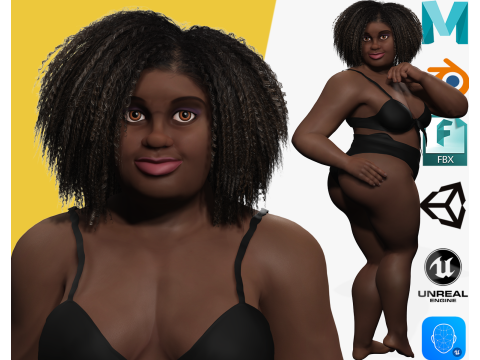 Plus sized Cartoon African Female Low-poly 3D Модель