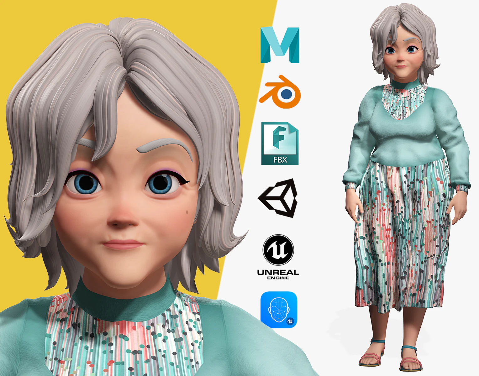 Grandma Cartoon Old Woman Rigged 3D Model .c4d .max .obj .3ds .fbx .stl .blend 