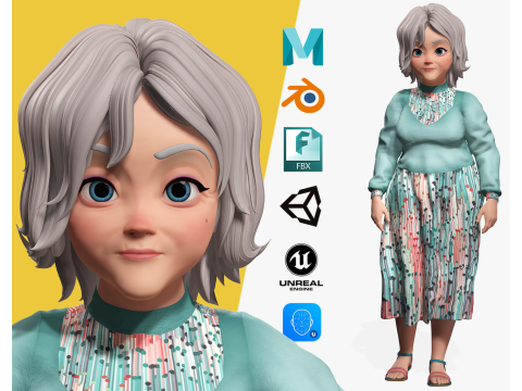 Grandma Cartoon Old Woman Rigged 3D Модель