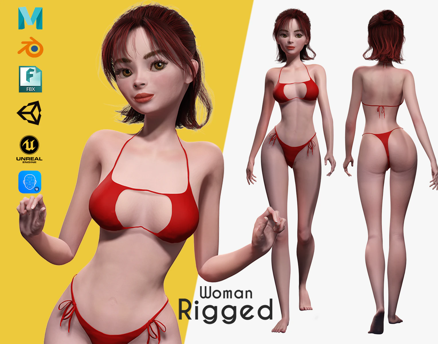 Prestige Red hair stylized cartoon 3D Woman Rigged 3D Model .c4d .max .obj .3ds .fbx .stl .blend 