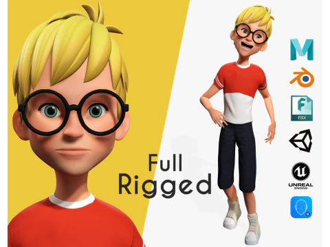 Cartoon Young Teen man child Rigged Low-poly 3D Model